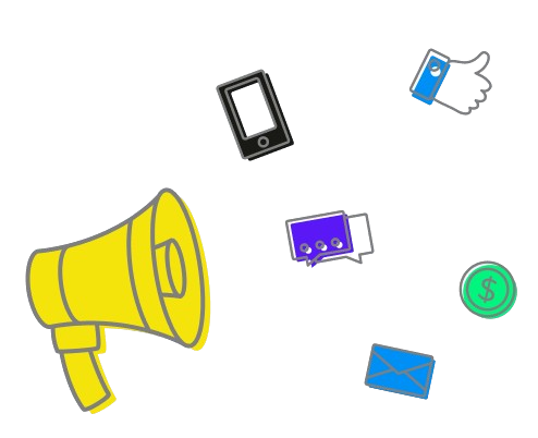 imagem inicial que exibe um megafone, e ao seu lado estão colocados ícones de redes sociais e um celular