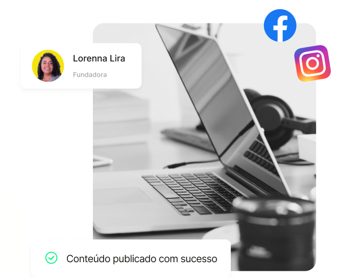 imagem ilustrativa da agência aperreio Criativo, que exibe um notebook sob uma mesa, com ícones do Facebook e instagram, além da imagem da fundadora Lorenna Lira
